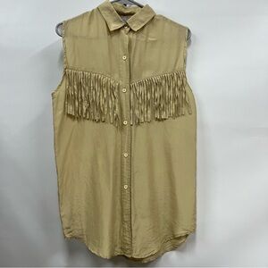 Vintage Whistles M 100% silk Beige tan Sleeveless Fringe Button-Down Shirt FLAWS